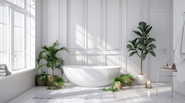 Modern bright bathroom interior with white tub and plants. AI generated image