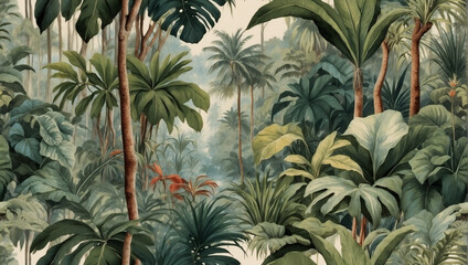 Retro wallpaper pattern showcasing a lush jungle landscape painted in soft watercolor hues.