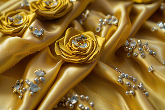 Gold satin fabric with gold rosettes and silver rhinestones