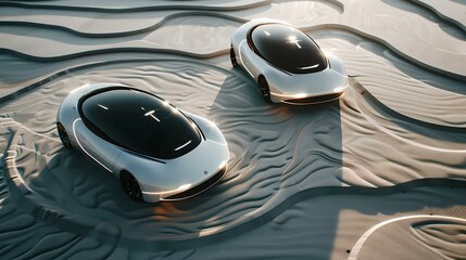 Futuristic autonomous cars concept floating on water. innovative and stylish, evoking future transportation technologies. AI - obrazy, fototapety, plakaty