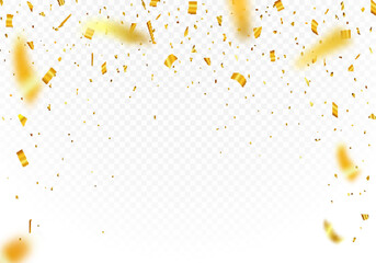 Golden tinsel, confetti fall from the sky on a transparent background. Shiny confetti illustration. Holiday, birthday. - obrazy, fototapety, plakaty