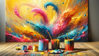 A vibrant abstract painting explodes with color above an artist's workspace, adorned with splattered paint cans and brushes