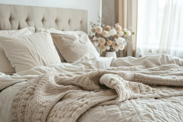 Fototapeta na wymiar closeup of bed with beige pillows and blanket