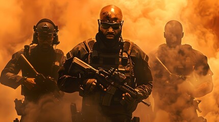 Special forces team in action amidst smoke. armed tactical squad on mission. military style, strength and security. dynamic and intense scene captured. AI