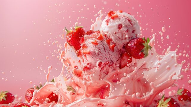 Close up delicious strawberry ice cream melted isolated white background. AI generated image