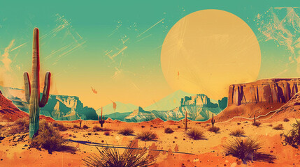 An illustration of a desert scene in America with a retro poster style.