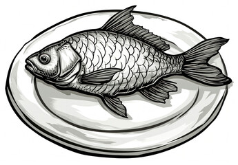 Black and white hand drawn illustration of a fish placed on a plate against a white background