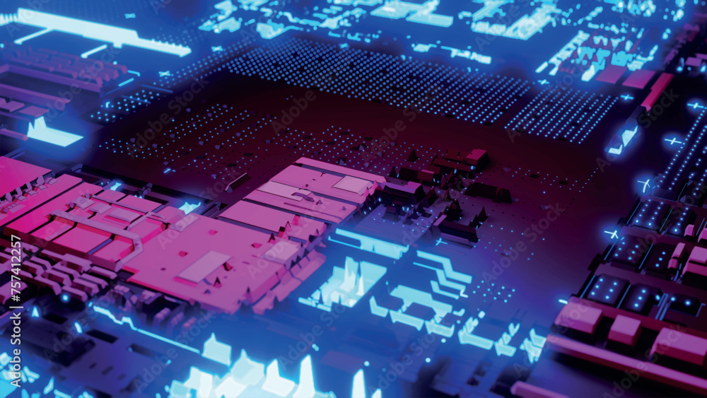 Poster futuristic electronic circuit board. concept of central computer processors. technological and scien