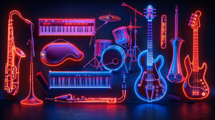 neon musical instruments on black. - obrazy, fototapety, plakaty