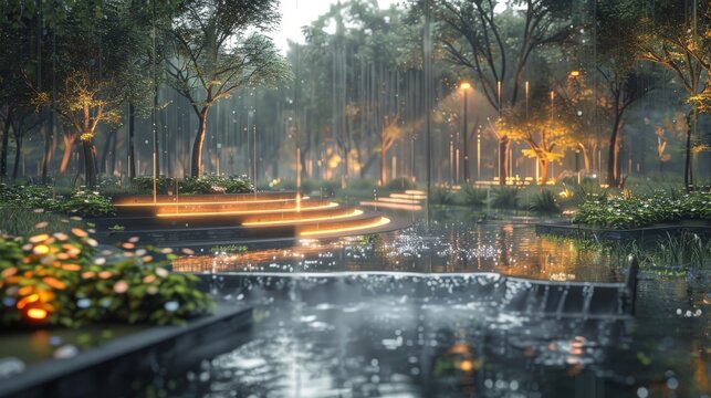 An atmospheric park scene with rainfall, glistening paths, lush greenery, and ethereal glowing lights amidst the trees