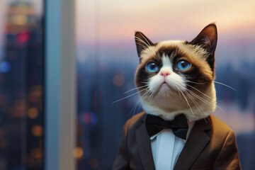 An elegant cat donning a tuxedo poses thoughtfully against the backdrop of a city skyline bathed in the warm glow of a sunset.