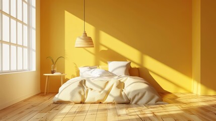 Luxury bedroom in contemporary style with parquet floor and yellow wall background. AI generated