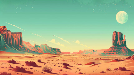 An illustration of a desert scene in America with a retro poster style. - obrazy, fototapety, plakaty