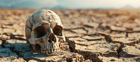 Human skull on the ground with dry and cracked soil. Desert. Global warming background