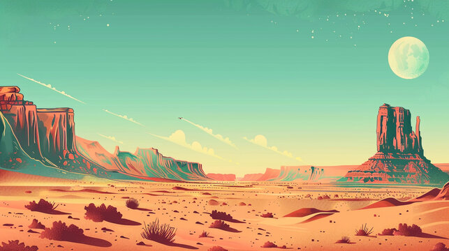 An illustration of a desert scene in America with a retro poster style.