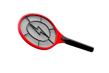 Red and black mosquito swatter isolated on white background. Has a lightning pattern.