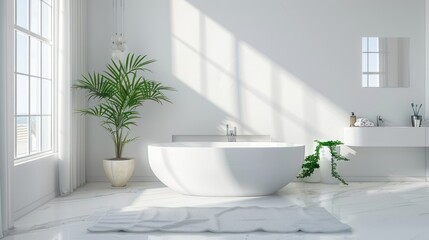 Fototapeta na wymiar Modern bright bathroom interior with white tub and plants. AI generated image