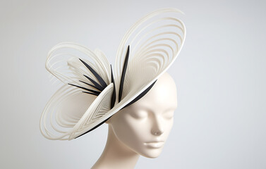Black and White Fascinator on Mannequin Head, White Background