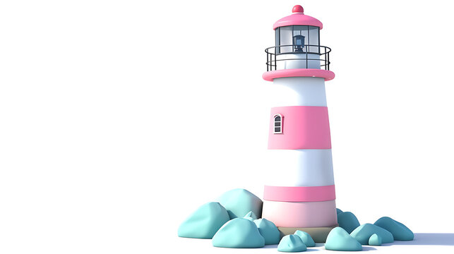 Pink and white striped rendered lighthouse, blue rocks, plain background, space for copy