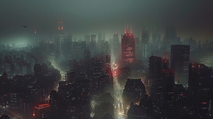 A cinematic depiction of a dystopian cityscape, bathed in ominous red and neon hues, suggesting despair and isolation - obrazy, fototapety, plakaty
