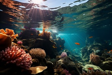Sunlight shines through water on a coral reef, illuminating marine life - obrazy, fototapety, plakaty