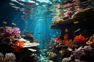 Vibrant coral reef teeming with fish and marine life in the underwater world