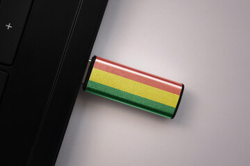 usb flash drive in notebook computer with the national flag of bolivia on gray background.