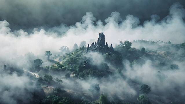 Ethereal Mountains Shrouded in Smoke and Fog. generative AI