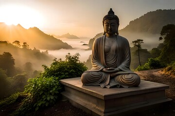 A buddha statue on top of a mountain.