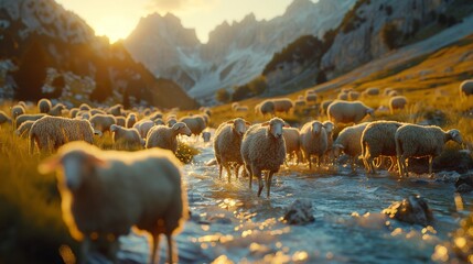 A tranquil scene of a flock of sheep wading through a mountain river during a picturesque sunset