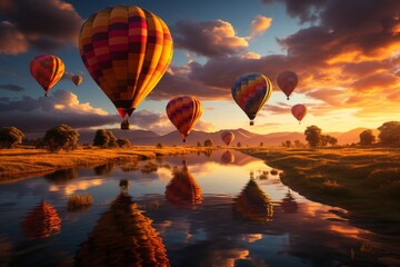 A group of hot air balloons soar over the river at sunset
