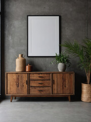 Rustic home interior design with a wooden cabinet and dresser against a concrete wall, displaying an empty blank mock-up poster frame with copy space for a modern living room aesthetic. - obrazy, fototapety, plakaty