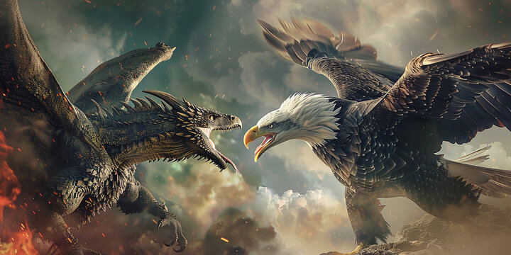 A dragon fights a bald eagle. concept of confrontation between the USA and China