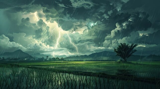 Storms, dark clouds, and terrifying lightning in the rice fields
