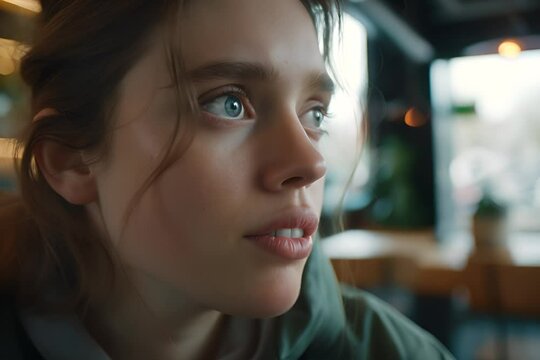 A contemplative young woman with striking green eyes looks out of the window, her face lit by natural light, capturing a moment of quiet introspection.