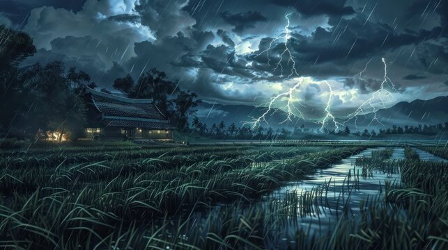 Storms, dark clouds, and terrifying lightning in the rice fields