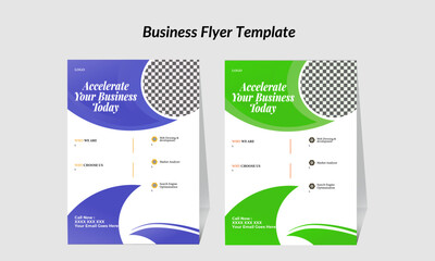 Blue and green color business flyer design for company , corporate , business , business farm as well as introduction way with geometric background .
