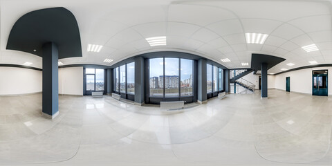 hdri 360 panorama view in empty modern white hall with columns, doors and panoramic windows in equirectangular seamless spherical projection, ready for AR VR content