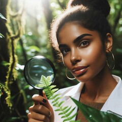 Biologist or botanist recording information about small tropical plants in forest. Study and research unknown plants in the rain forest jungle. Analyzing with a magnify glass. Ecologist. Generative AI - obrazy, fototapety, plakaty