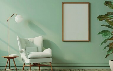 Beautiful chair beside light green wall with empty frame. Home interior design of modern living room with copy space.