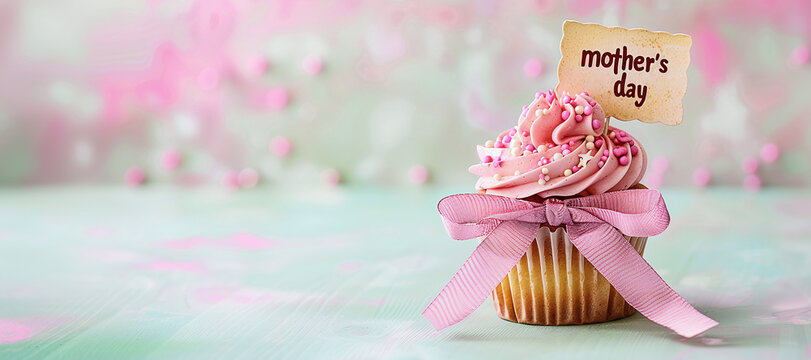 Cupcake with pink icing and ribbon, with Mother's Day sign on blurred background, pastel color theme, minimalistic stock photo