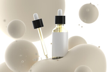 Flying drop bottle with flying balls in a beige, 3d render