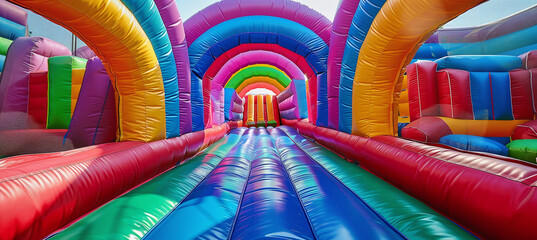 Colorful bouncy castle. Inflatable bounce house - obrazy, fototapety, plakaty