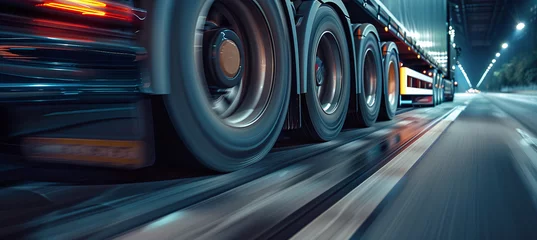 Fotobehang Close-up of wheels in motion from an articulated truck driving on a highway © Oleksandr