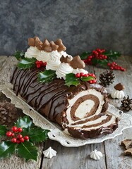 A festive yule log cake decorated with chocolate ganache, meringue mushrooms, and holly leaves