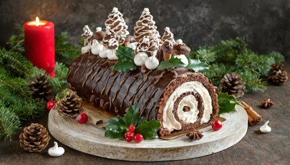 A festive yule log cake decorated with chocolate ganache, meringue mushrooms, and holly leaves
