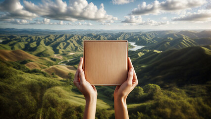 Hands holding a blank cardboard against a backdrop of lush, rolling green hills under a cloudy sky
