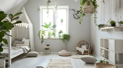 A charming attic transformed into a nursery with soft textiles, a tent-like bed canopy, and fresh plants adding life