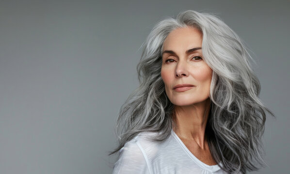 Portrait of a Middle-aged Woman with Long Gray Hair, Cosmetics Advertising