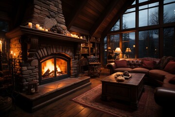Building with hardwood floors, brick fireplace, and cozy couch - obrazy, fototapety, plakaty